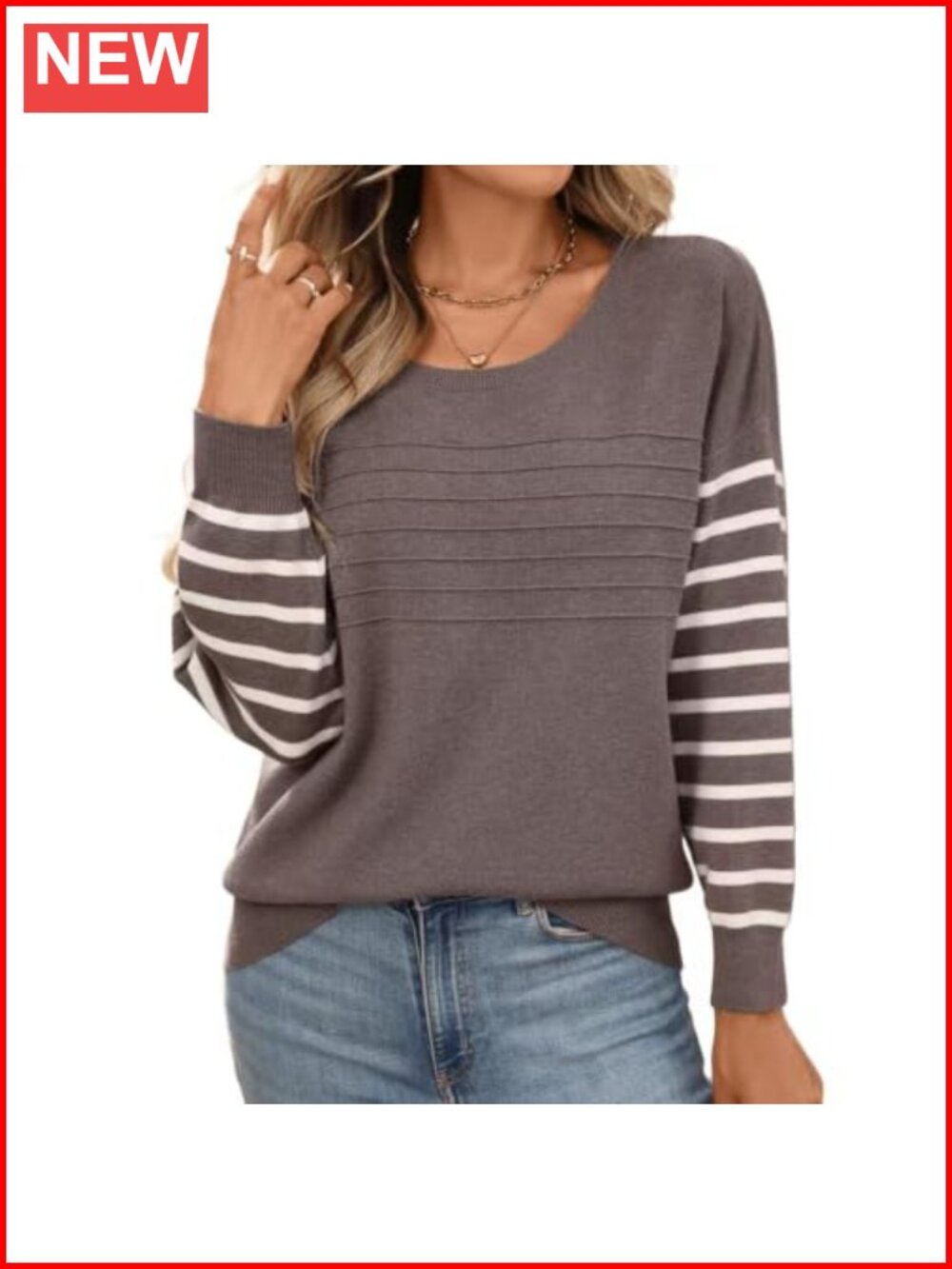 Womens Crew Neck Striped Long Sleeve Knit Sweater Pullover
